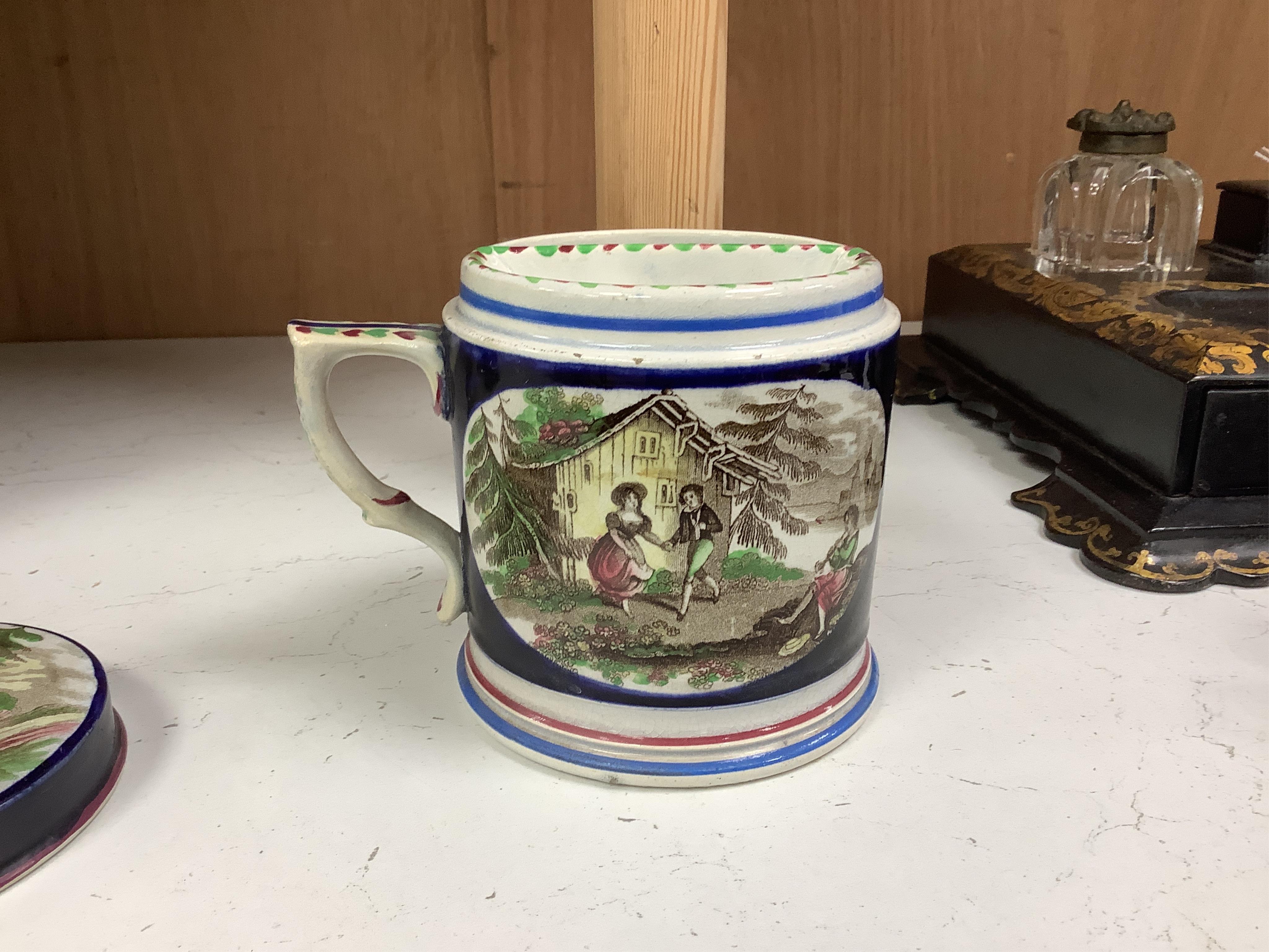 A mid 19th century pearlware teapot, a moustache mug and cover, two chinoiserie tiles and a Napoleon black and white transfer dish, Madrid 1808. Teapot and cover 16cm high. Condition - tile and teapot spout chipped